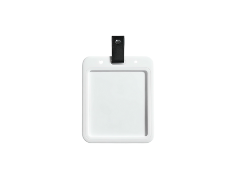 Bright white plastic ID badge holder with a black leather strap, suspended