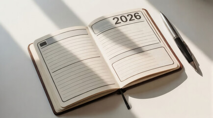 Open notebook with 2026 year printed on page next to pen symbolizing diary agenda calendar planning writing scheduling productivity organization strategy business goals and future preparation
