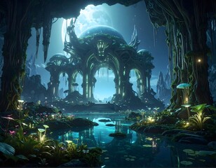 Stunning fantasy lush forest scene with glowing plants magical ancient ruins mysterious grotto vibrant colors enchanted nature background