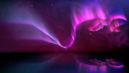 Vibrant aurora borealis northern light effect with purple and pink waves on starry sky for arctic display. Flowing celestial curtains with luminous gradients and stars for nature or space bg design. © klyaksun