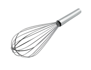 A stainless steel whisk with a silver handle rests against a black backdrop