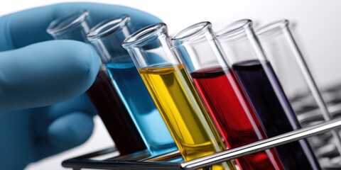 Vibrant Hand Holding a Rack of Colorful Liquids in a Laboratory Setting Showcasing a Spectrum of Hues and the Beauty of Scientific Exploration