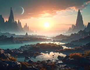 Stunning alien landscape with towe jagged mountains vibrant sunset sky reflected in tranquil water bodies and distant planets under colorful cosmic clouds