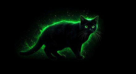 A black cat with a green magical glow around it