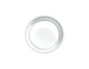 Circular white object with a curved indentation, set against a black backdrop