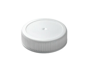 A close-up of a white plastic cap, with a ribbed side and a smooth top