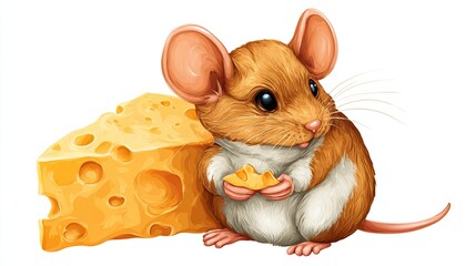 An adorable, cartoon-style mouse with brown and white fur holds a cheese piece, near a cheese wedge