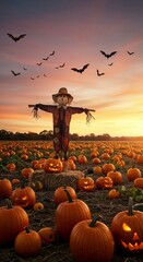 The scarecrow waves his hand in a pumpkin field, and bats fly around at sunset. Halloween concept