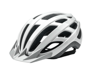 A white, protective cycling helmet with vents and visor, angled slightly