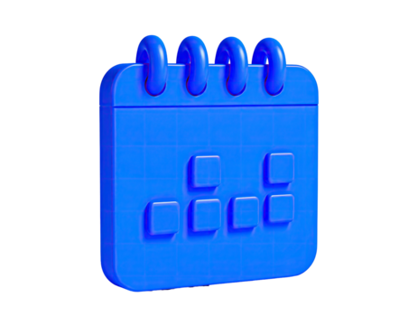 3D blue calendar, isolated on black, with marked dates, digital icon