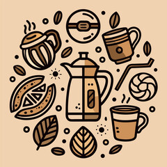 A hand-drawn coffee cup surrounded by coffee beans and leaves, vintage doodle style, simple line art on a beige background
