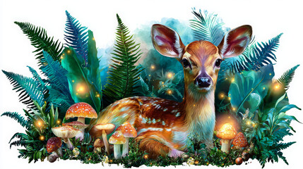 Adorable Fawn Resting Among Magical Forest Ferns and Glowing Mushrooms
