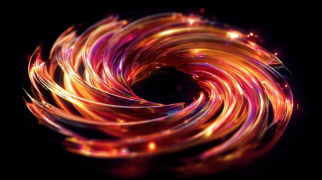 A mesmerizing, swirling torus of vibrant light ribbons, with a dark center and scattered sparkles - Powered by Adobe