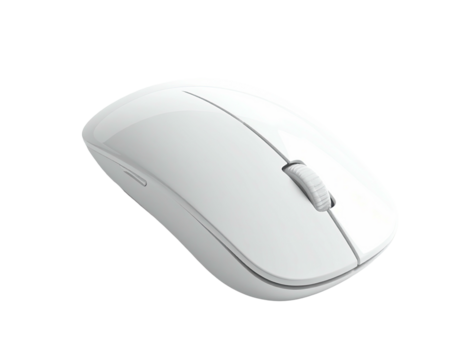 Gleaming, white wireless computer mouse angled against a stark black background