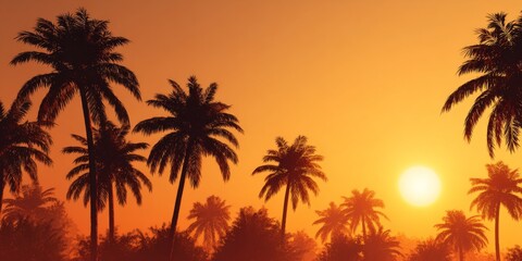 Fototapeta premium Tropical Sunset Background with Palm Trees and Vibrant Orange Colors for Relaxation and Vacation Themes