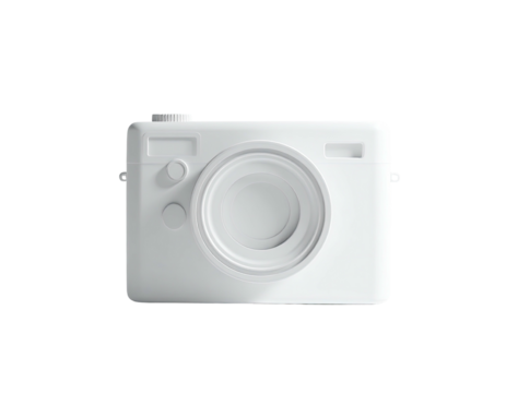 A stark white, digitally rendered camera floats against a black background
