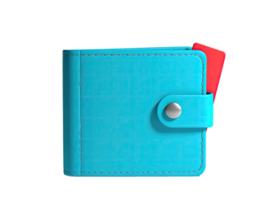 Turquoise leather wallet with a red card partially visible on a black background
