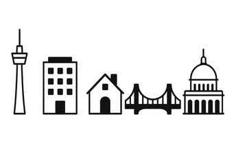 Naklejka premium Icons of urban architecture featuring a tower, buildings, a house, a bridge, and a dome