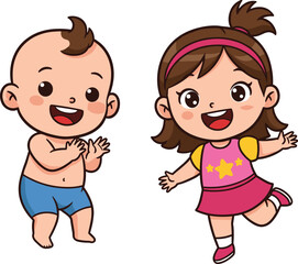 Cartoon baby boy smiling, happy toddler illustration, cute girl in pink dress, cheerful children character design, playful kids educational artwork