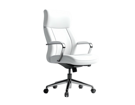White leather office chair with chrome arms and base against a black background