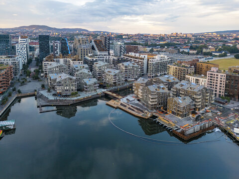 Aerial view of the Barcode buildings and the Astrup Fearnley Museum juxtapose modern architecture against the serene Oslofjord, Oslo, Oslo, Norway.