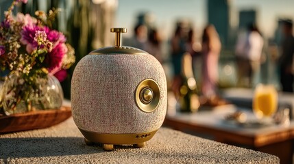Stylish Bluetooth speaker with a textured fabric grille on display