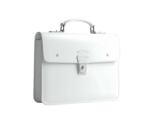 White briefcase with handle, clasp, and silver hardware on a black background