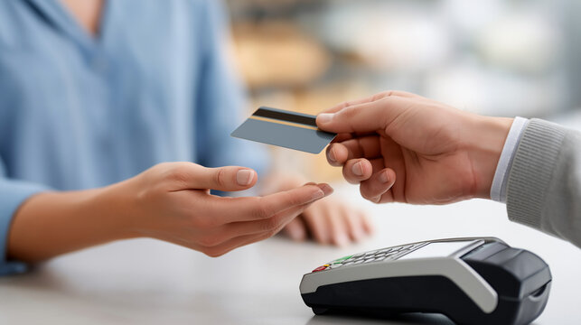 Man extending a credit card to a woman for a contactless payment, completing a financial transaction at a point of sale terminal in a retail environment