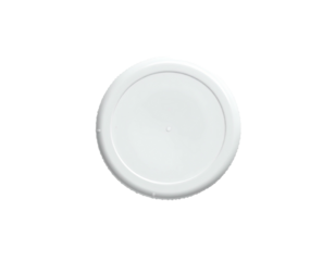 Overhead view of a plain white circular plastic lid, floating in dark space
