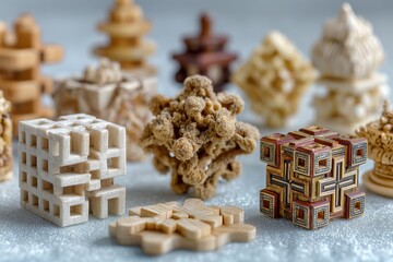 Close Up of Assorted Miniature Wooden Puzzles and Logic Games