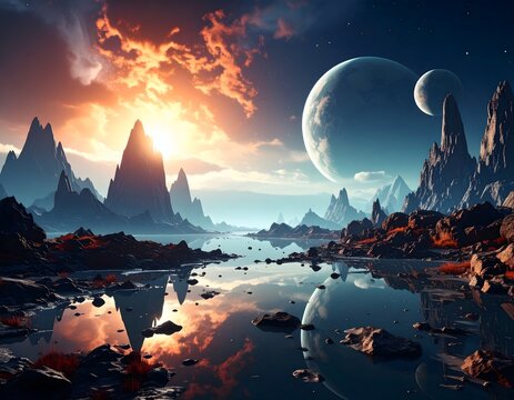 Surreal alien landscape with towe jagged mountains rocky terrain reflective water celestial bodies in a vibrant sunset sky with multiple planets and stars