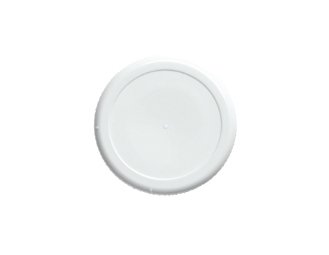 Overhead view of a plain white circular plastic lid, floating in dark space