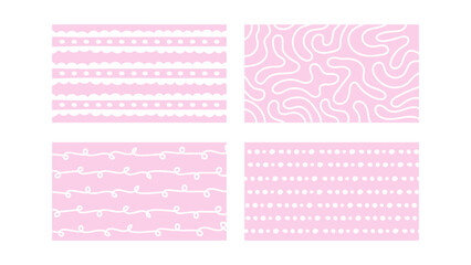 Pastel Pink Abstract Horizontal Backgrounds set. Collection of Pale Coquette 1920x1080 ratio backdrops with curls, waves, line, polka dot, lace organic shapes. Hand drawn texture. Vector illustration