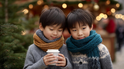 Young asian brothers sharing a warm drink at a festive winter market, bundled in knit sweaters and scarves, smiling amid twinkling lights and seasonal cheer