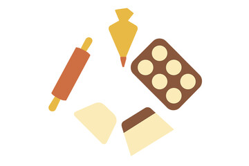 Baking tools and equipment arranged in a circle with a rolling pin, pastry bag, and muffin tray for a fun baking session