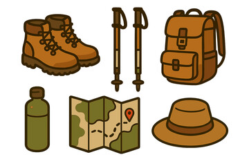 Hiking and camping essentials with boots, poles, backpack, and navigation map