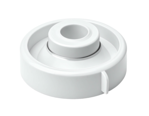 White plastic object with a cylindrical top and a ring around a central hole