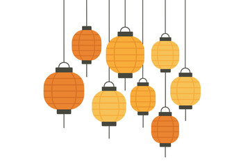 Group of traditional Asian paper lanterns hanging for festive decoration