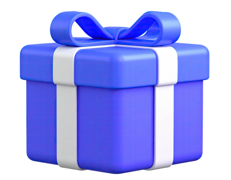 3D render of a blue gift box tied with white ribbon and a bow
