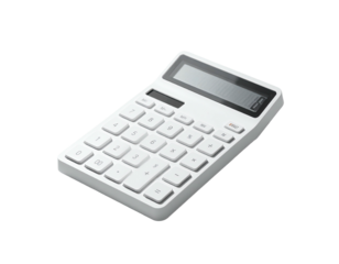 Clean white calculator with a grayscale display, isolated on a black background