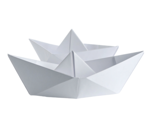 Two white origami boats, one nested partially within the other, against a black bg
