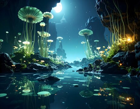 Serene mystical fantasy landscape with luminous mushroom trees glowing under moonlight over a calm reflective river in a dreamlike surreal wilderness scene