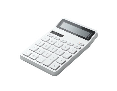 Clean white calculator with a grayscale display, isolated on a black background