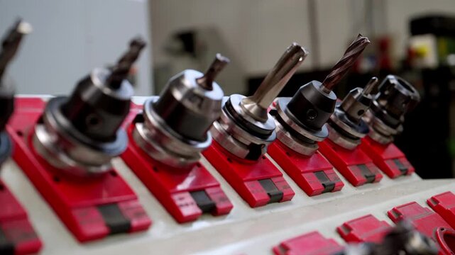 Close-up of a row of highly specialized CNC machine tool holders and drill bits in a tool rack, conveying precision manufacturing and modern industrial equipment