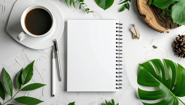 Desk flatlay with notebook and greenery