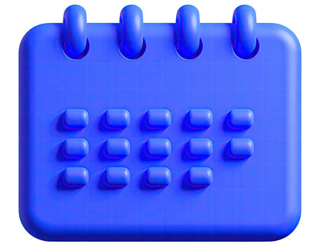 3D rendering of a blue, stylized calendar with grid lines, on a black background