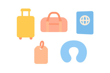 Travel essentials collection featuring luggage, passport, tag, and neck pillow