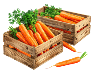 Vivid image of fresh carrots overflowing from wooden crates, leafy tops attached