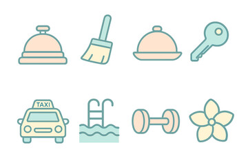 Collection of hospitality, travel, and fitness symbols in a soft pastel color palette