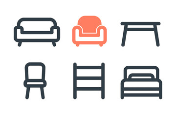Modern minimalist home furniture icons set featuring sofa, armchair, table, chair, shelf, and bed